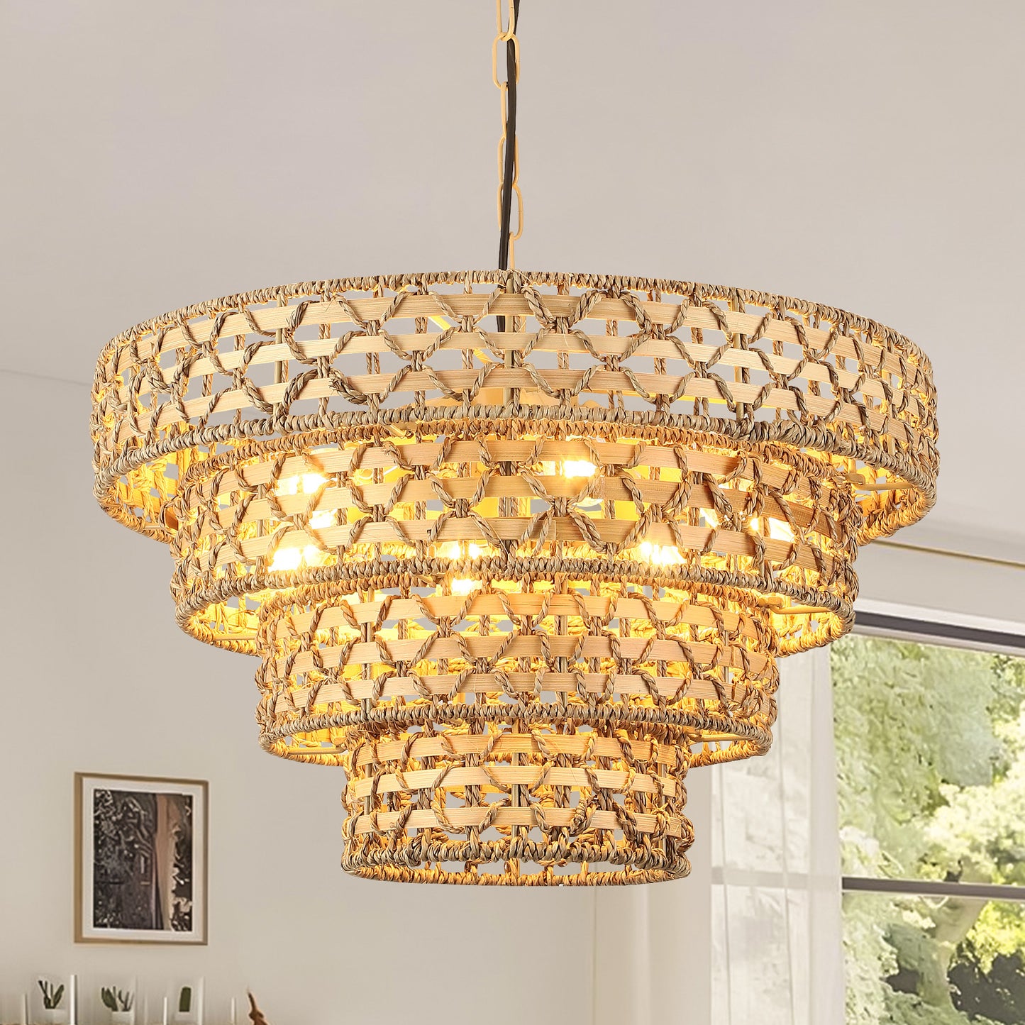 Fivemengo Rattan & Bamboo Chandelier, 6-Lights 19.7in Hand-Woven Pattern, Boho Pendant Light Kitchen Island Lighting Dining Room Light Fixtures Hanging Lamp for Living Bedroom Entryway Foyer, Beige