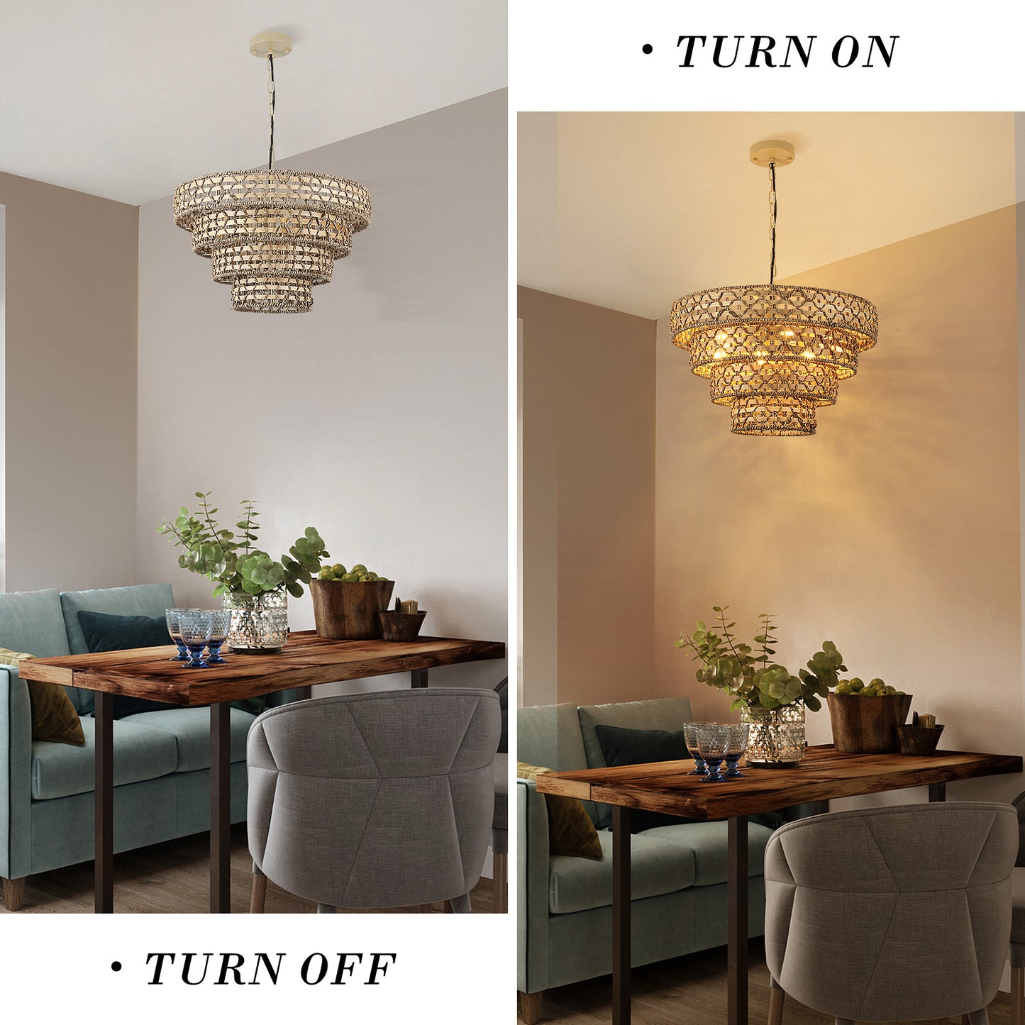 Fivemengo Rattan & Bamboo Chandelier, 6-Lights 19.7in Hand-Woven Pattern, Boho Pendant Light Kitchen Island Lighting Dining Room Light Fixtures Hanging Lamp for Living Bedroom Entryway Foyer, Beige