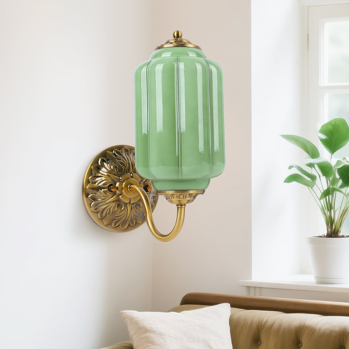 Pandaluna Vintage Wall Sconce, Green Milk Glass Light Fixture, 5.5In Art Deco Antique Wall Sconce for Bedroom Bathroom Living Room Hallway Entryway, E12 LED Bulb Included