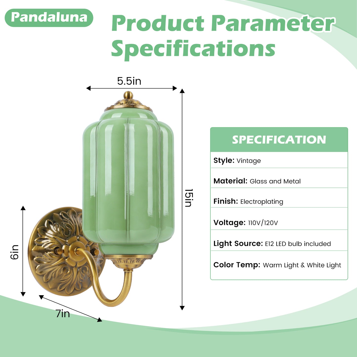 Pandaluna Vintage Wall Sconce, Green Milk Glass Light Fixture, 5.5In Art Deco Antique Wall Sconce for Bedroom Bathroom Living Room Hallway Entryway, E12 LED Bulb Included