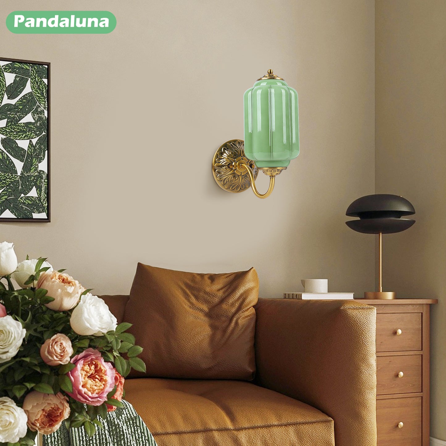 Pandaluna Vintage Wall Sconce, Green Milk Glass Light Fixture, 5.5In Art Deco Antique Wall Sconce for Bedroom Bathroom Living Room Hallway Entryway, E12 LED Bulb Included