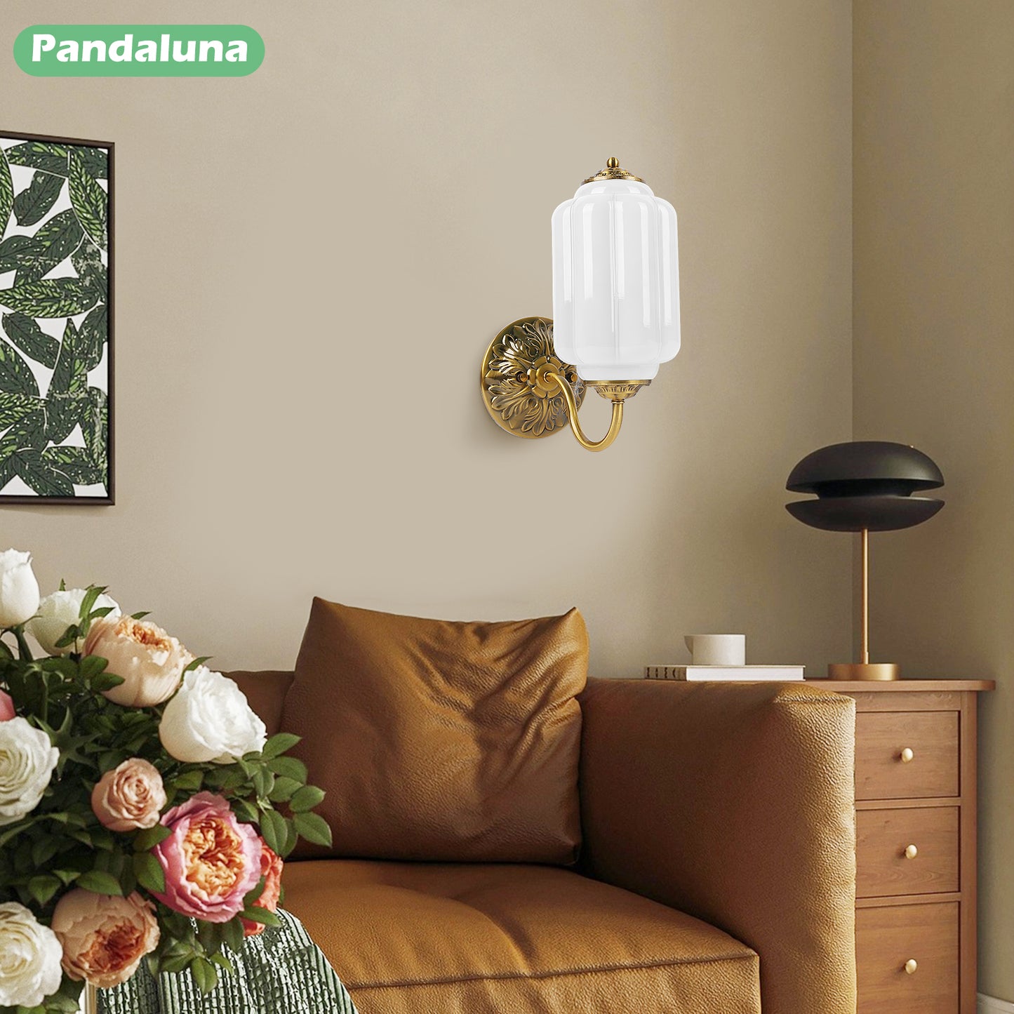 Pandaluna Vintage Wall Sconce, White Milk Glass Light Fixture, 5.5In Art Deco Antique Wall Sconce for Bedroom Bathroom Living Room Hallway Entryway, E12 LED Bulb Included