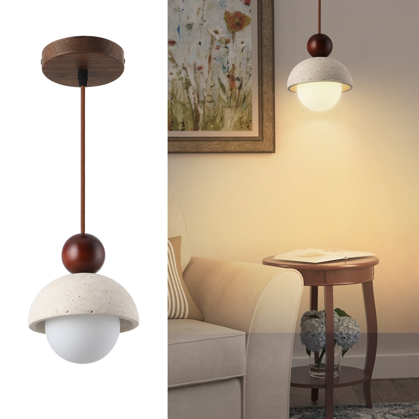 Fivemengo 1 Pack Wabi Sabi Pendant Light 5.9in Small Japandi Natural Travertine Stone Glass Wood Lampshade, Nordic Pendant Lighting Fixture for Kitchen Island Dining Room Bedroom Cafe (Bulb Included)