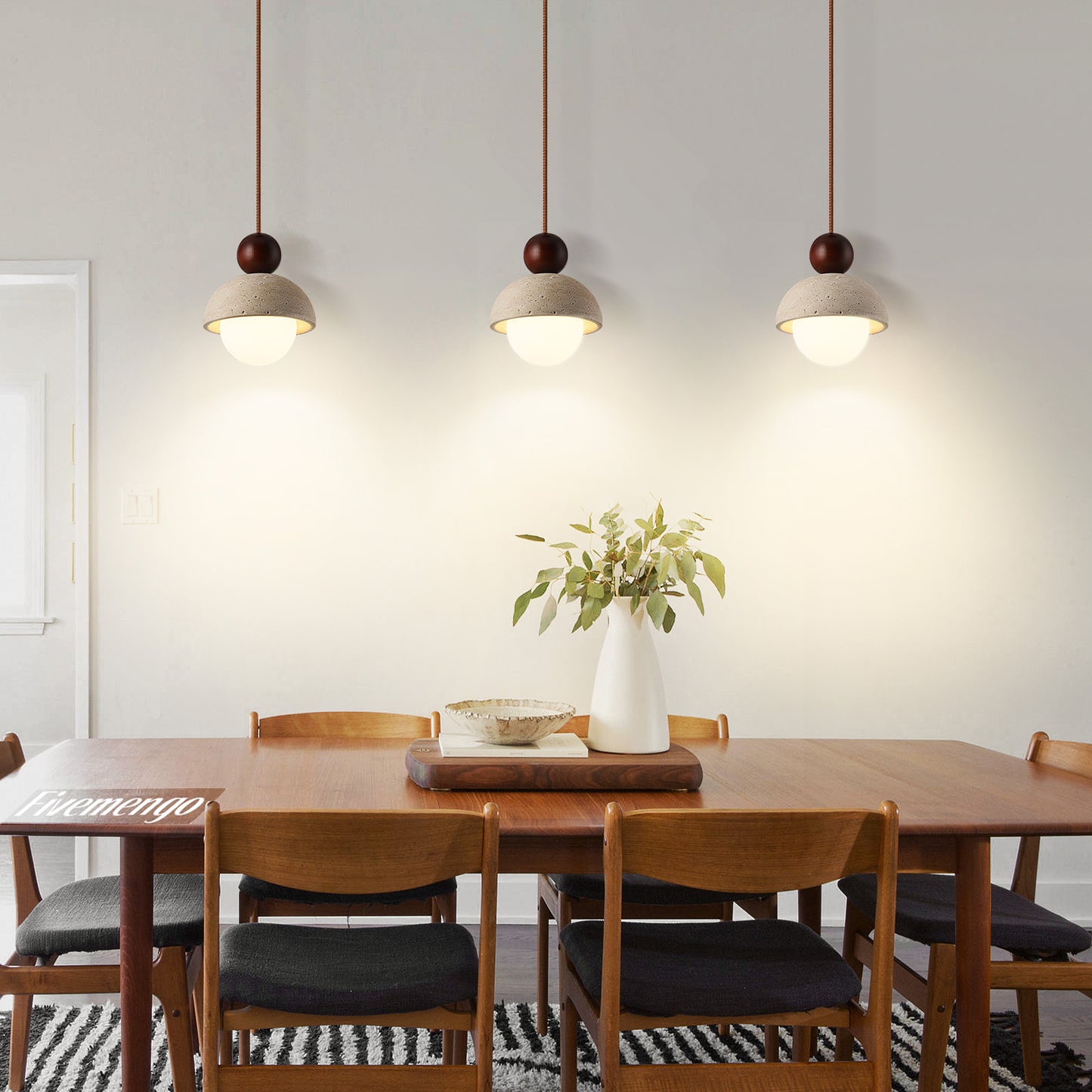 Fivemengo 1 Pack Wabi Sabi Pendant Light 5.9in Small Japandi Natural Travertine Stone Glass Wood Lampshade, Nordic Pendant Lighting Fixture for Kitchen Island Dining Room Bedroom Cafe (Bulb Included)