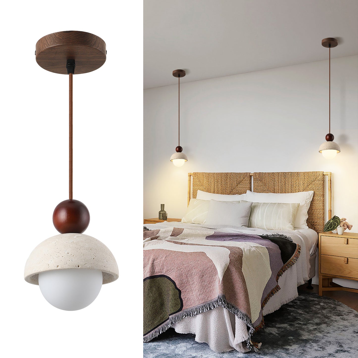 Fivemengo 2 Pack Wabi Sabi Pendant Light 5.9in Small Japandi Natural Travertine Stone Glass Wood Lampshade, Nordic Pendant Lighting Fixture for Kitchen Island Dining Room Bedroom Cafe (Bulb Included)