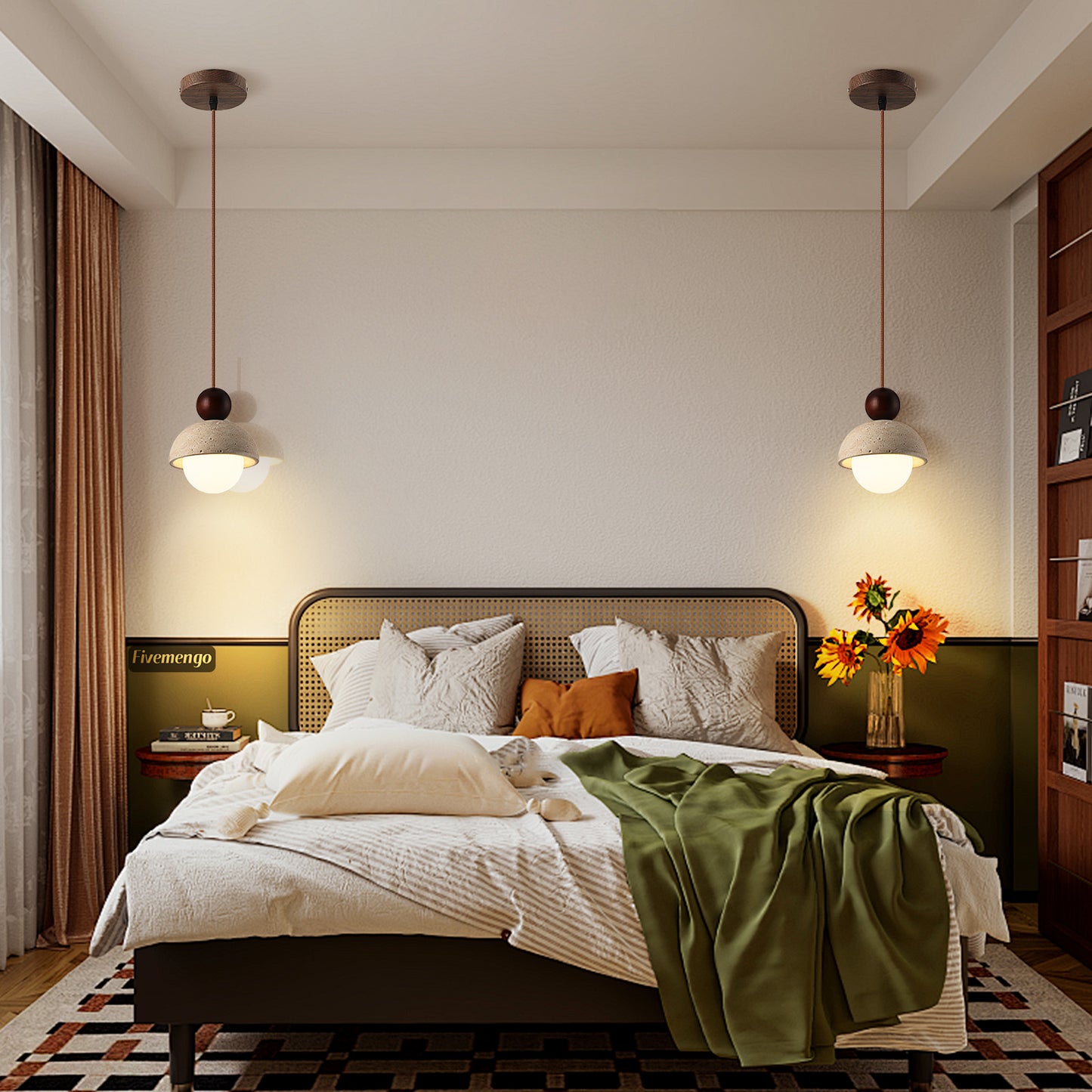 Fivemengo 2 Pack Wabi Sabi Pendant Light 5.9in Small Japandi Natural Travertine Stone Glass Wood Lampshade, Nordic Pendant Lighting Fixture for Kitchen Island Dining Room Bedroom Cafe (Bulb Included)