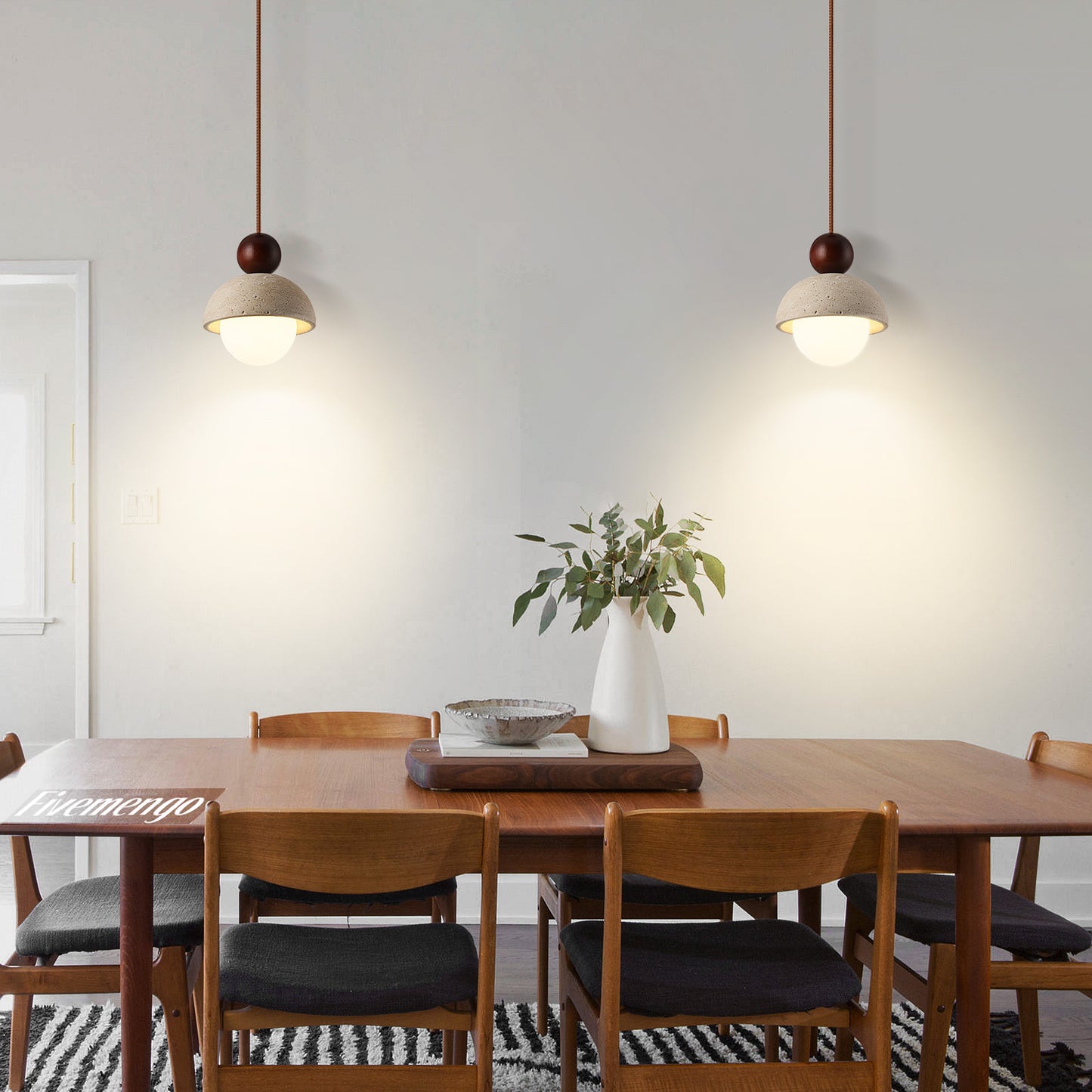 Fivemengo 2 Pack Wabi Sabi Pendant Light 5.9in Small Japandi Natural Travertine Stone Glass Wood Lampshade, Nordic Pendant Lighting Fixture for Kitchen Island Dining Room Bedroom Cafe (Bulb Included)