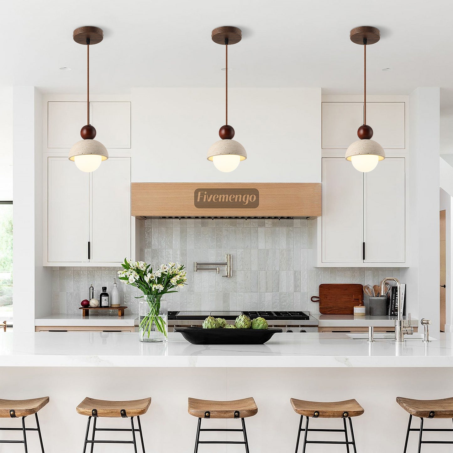 Fivemengo 1 Pack Wabi Sabi Pendant Light 5.9in Small Japandi Natural Travertine Stone Glass Wood Lampshade, Nordic Pendant Lighting Fixture for Kitchen Island Dining Room Bedroom Cafe (Bulb Included)