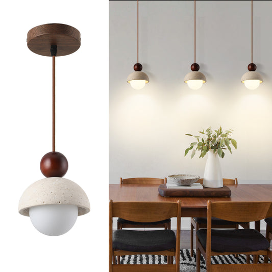 Fivemengo 3 Pack Wabi Sabi Pendant Light 5.9in Small Japandi Natural Travertine Stone Glass Wood Lampshade, Nordic Pendant Lighting Fixture for Kitchen Island Dining Room Bedroom Cafe (Bulb Included)