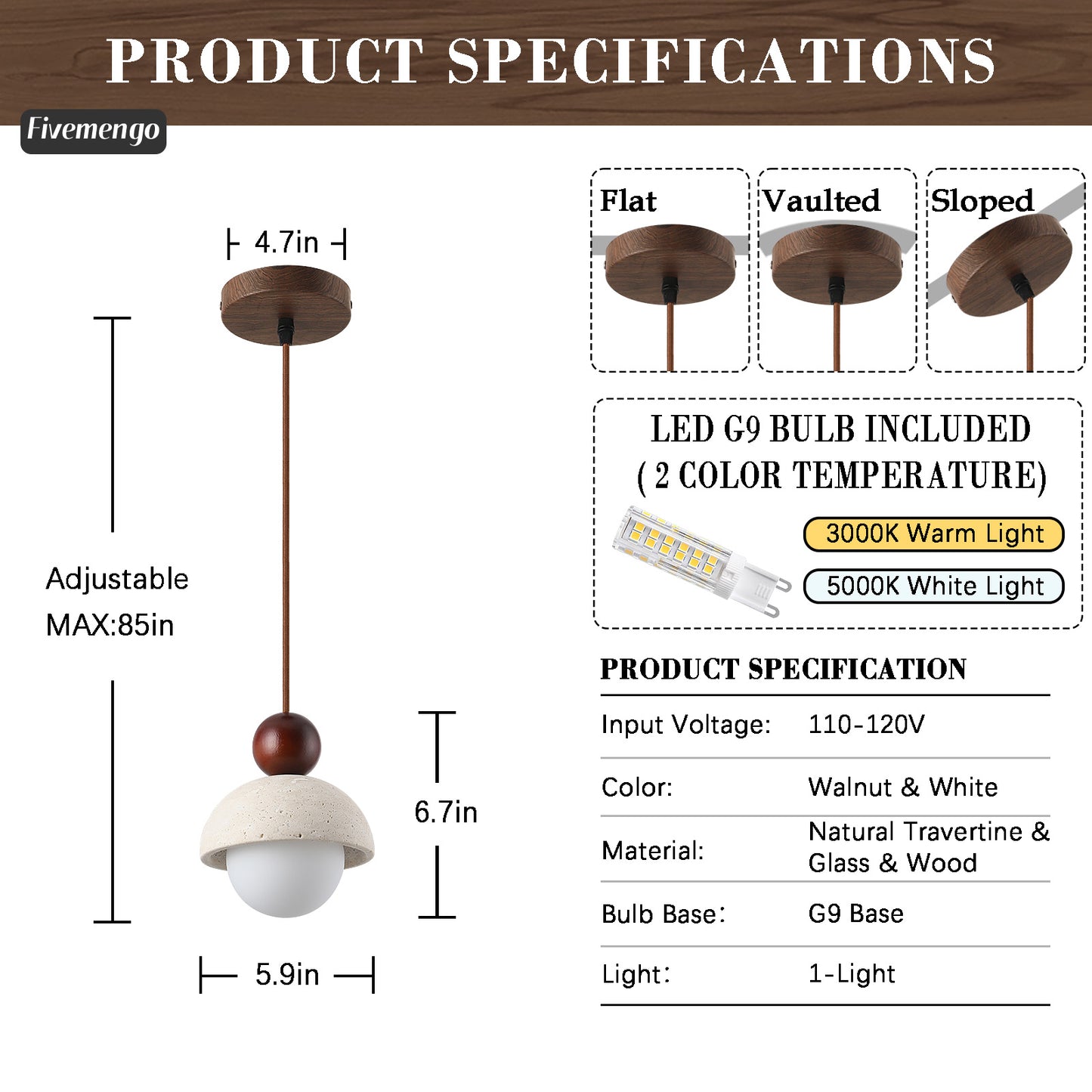 Fivemengo 1 Pack Wabi Sabi Pendant Light 5.9in Small Japandi Natural Travertine Stone Glass Wood Lampshade, Nordic Pendant Lighting Fixture for Kitchen Island Dining Room Bedroom Cafe (Bulb Included)