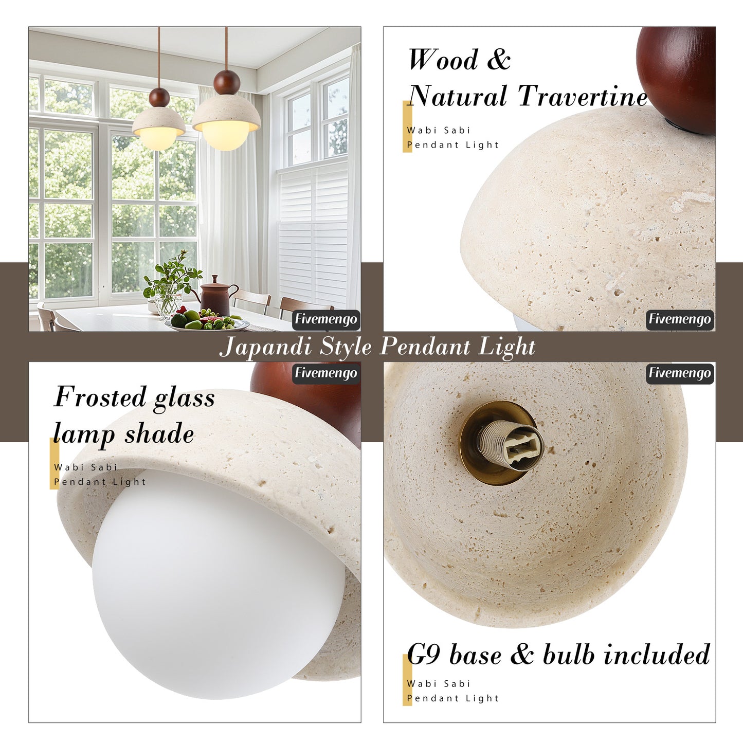 Fivemengo 1 Pack Wabi Sabi Pendant Light 5.9in Small Japandi Natural Travertine Stone Glass Wood Lampshade, Nordic Pendant Lighting Fixture for Kitchen Island Dining Room Bedroom Cafe (Bulb Included)