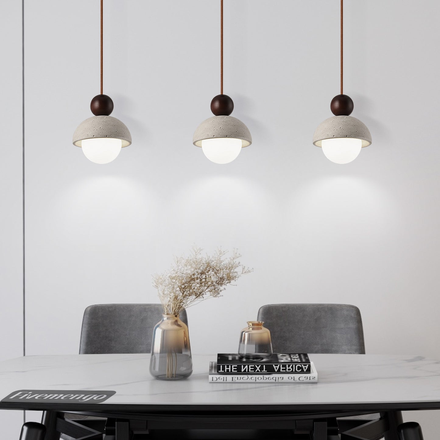 Fivemengo 3 Pack Wabi Sabi Pendant Light 5.9in Small Japandi Natural Travertine Stone Glass Wood Lampshade, Nordic Pendant Lighting Fixture for Kitchen Island Dining Room Bedroom Cafe (Bulb Included)