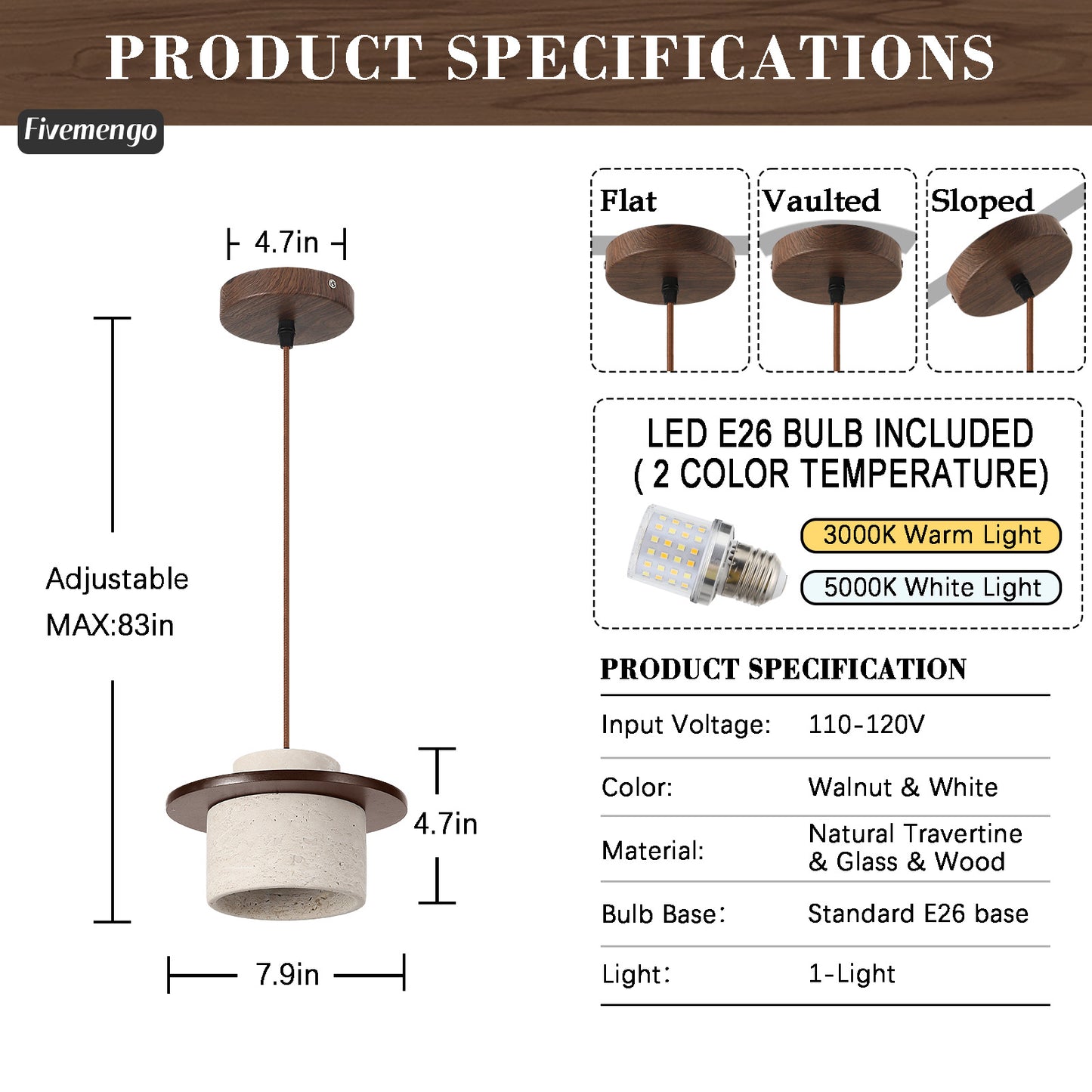 Fivemengo 1 Pack Wabi Sabi Pendant Light 7.9in Small Japandi Natural Travertine Stone & Wood Lampshade, Nordic Pendant Lighting Fixture for Kitchen Island Dining Room Bedroom Cafe (Bulb Included)