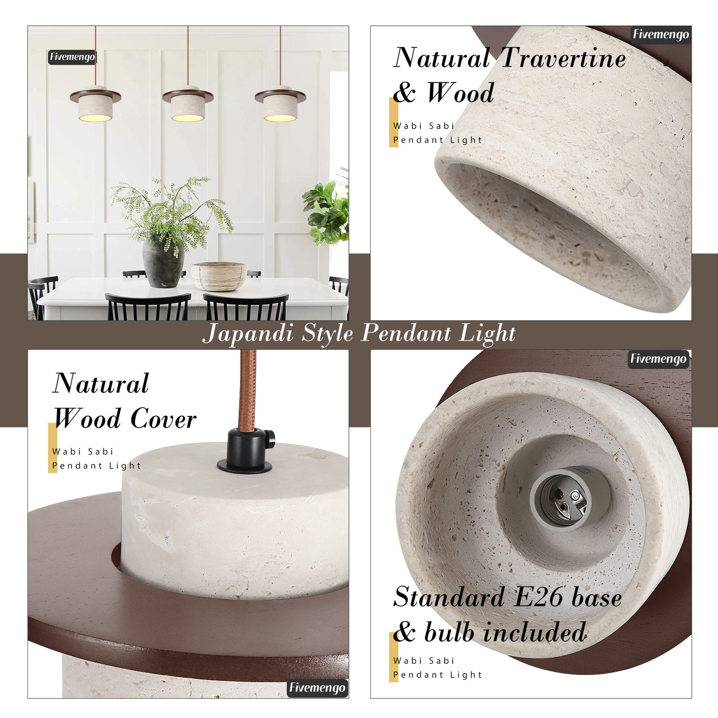 Fivemengo 1 Pack Wabi Sabi Pendant Light 7.9in Small Japandi Natural Travertine Stone & Wood Lampshade, Nordic Pendant Lighting Fixture for Kitchen Island Dining Room Bedroom Cafe (Bulb Included)