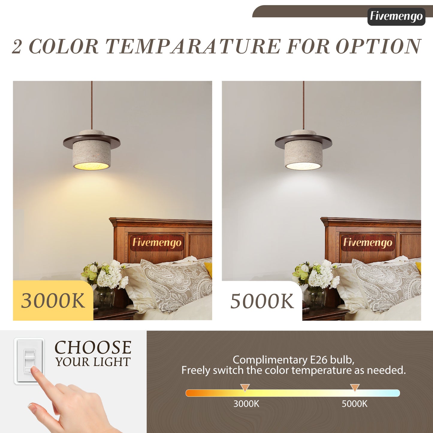 Fivemengo 1 Pack Wabi Sabi Pendant Light 7.9in Small Japandi Natural Travertine Stone & Wood Lampshade, Nordic Pendant Lighting Fixture for Kitchen Island Dining Room Bedroom Cafe (Bulb Included)