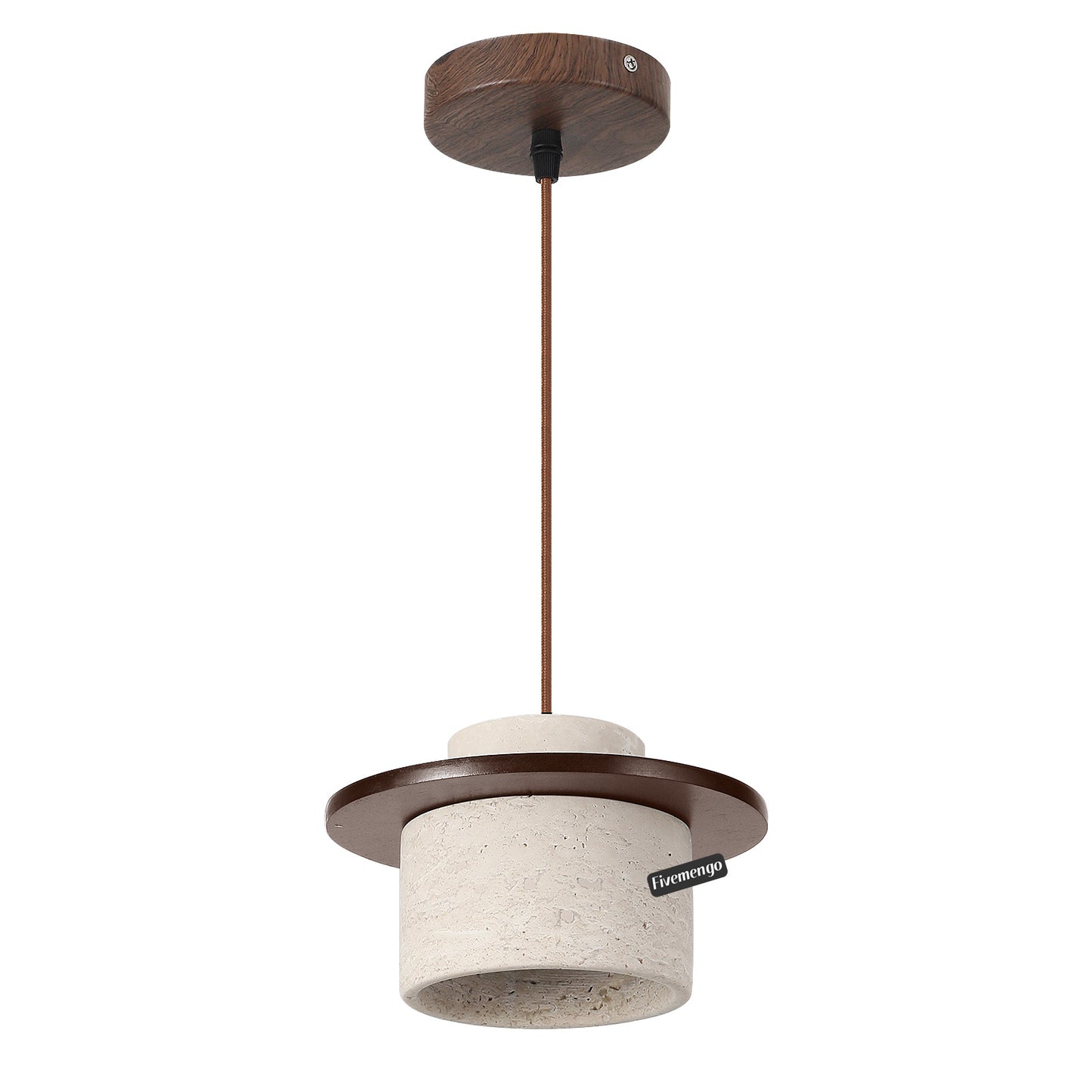 Fivemengo 1 Pack Wabi Sabi Pendant Light 7.9in Small Japandi Natural Travertine Stone & Wood Lampshade, Nordic Pendant Lighting Fixture for Kitchen Island Dining Room Bedroom Cafe (Bulb Included)
