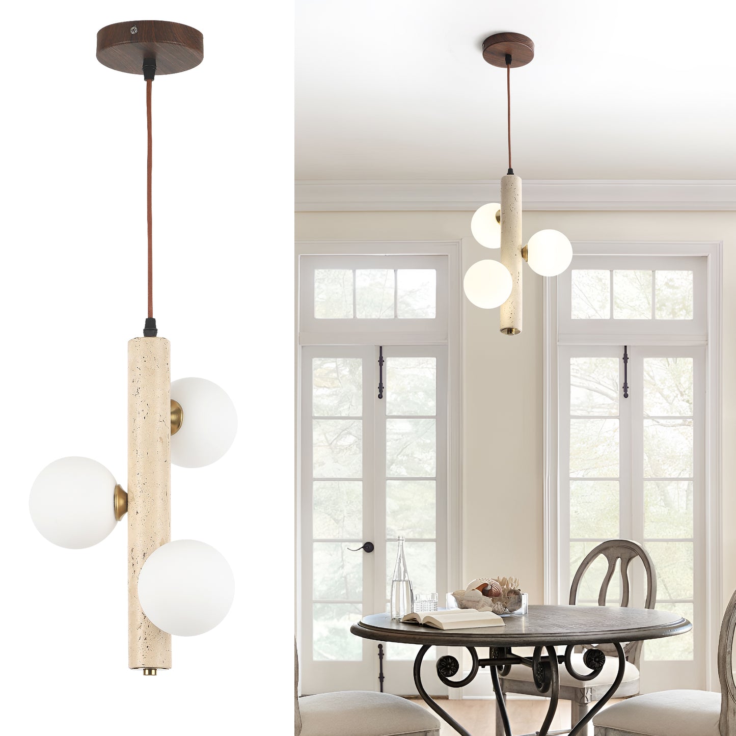 Fivemengo 1 Pack Wabi Sabi Pendant Light, 3-Lights 9.48in Natural Travertine Stone & Glass Lampshade, Japandi Nordic Pendant Lighting Fixture for Kitchen Island Dining Room Bedroom (Bulb Included)