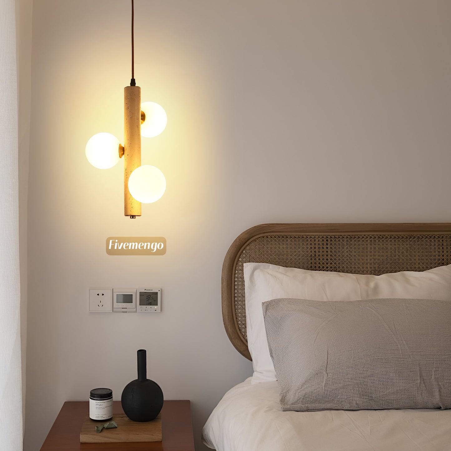 Fivemengo 1 Pack Wabi Sabi Pendant Light, 3-Lights 9.48in Natural Travertine Stone & Glass Lampshade, Japandi Nordic Pendant Lighting Fixture for Kitchen Island Dining Room Bedroom (Bulb Included)
