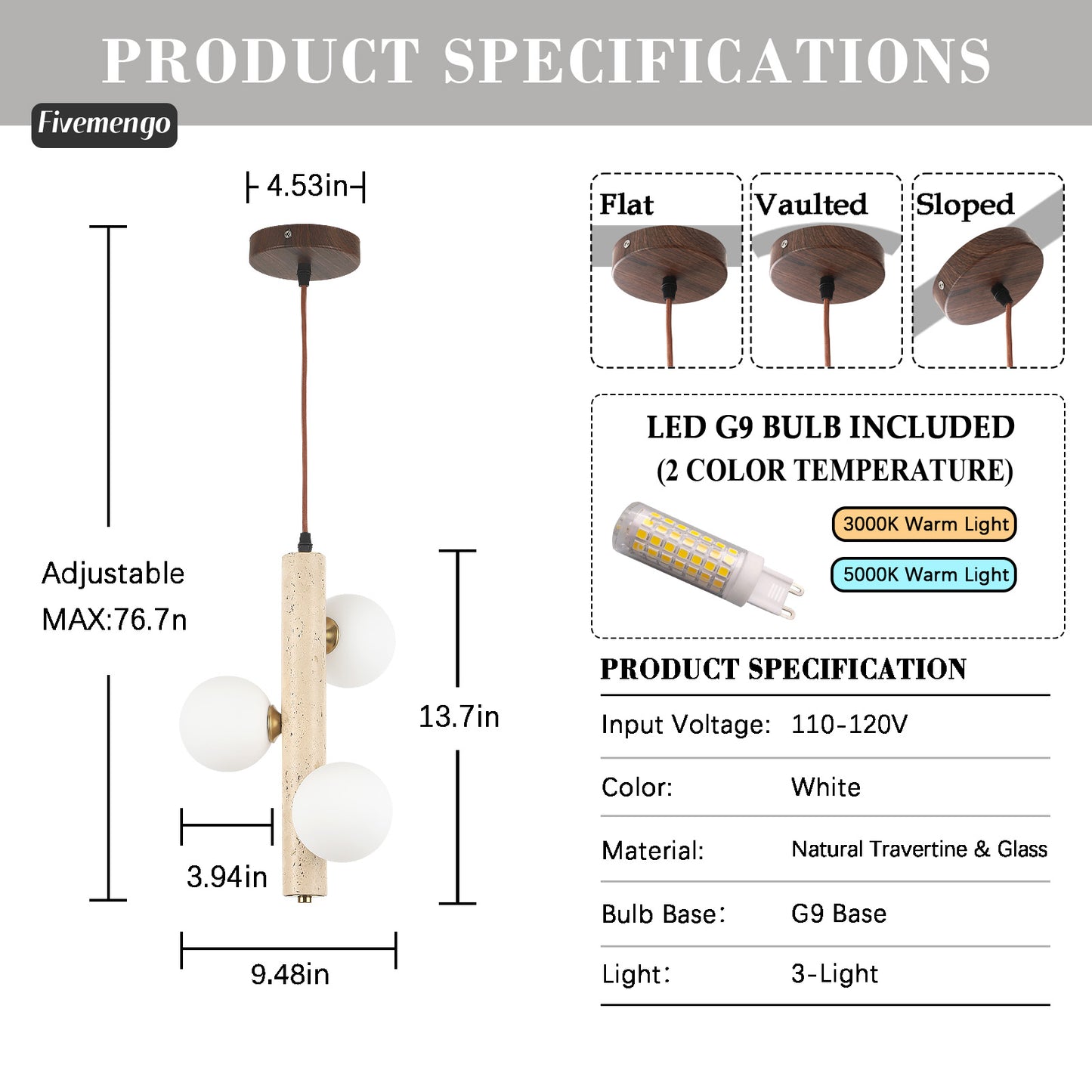 Fivemengo 3 Pack Wabi Sabi Pendant Light, 3-Lights 9.48in Natural Travertine Stone & Glass Lampshade, Japandi Nordic Pendant Lighting Fixture for Kitchen Island Dining Room Bedroom (Bulb Included)