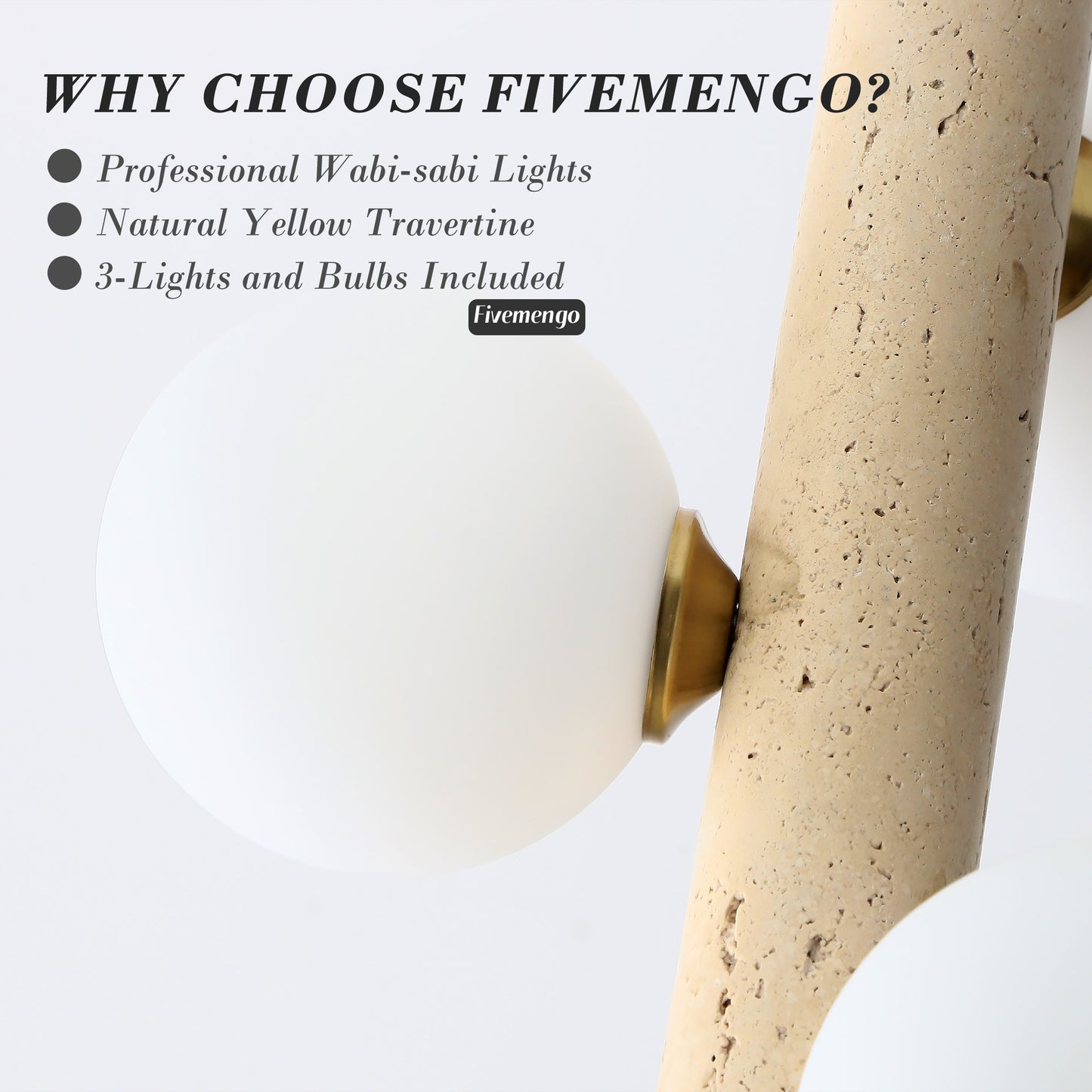 Fivemengo 1 Pack Wabi Sabi Pendant Light, 3-Lights 9.48in Natural Travertine Stone & Glass Lampshade, Japandi Nordic Pendant Lighting Fixture for Kitchen Island Dining Room Bedroom (Bulb Included)