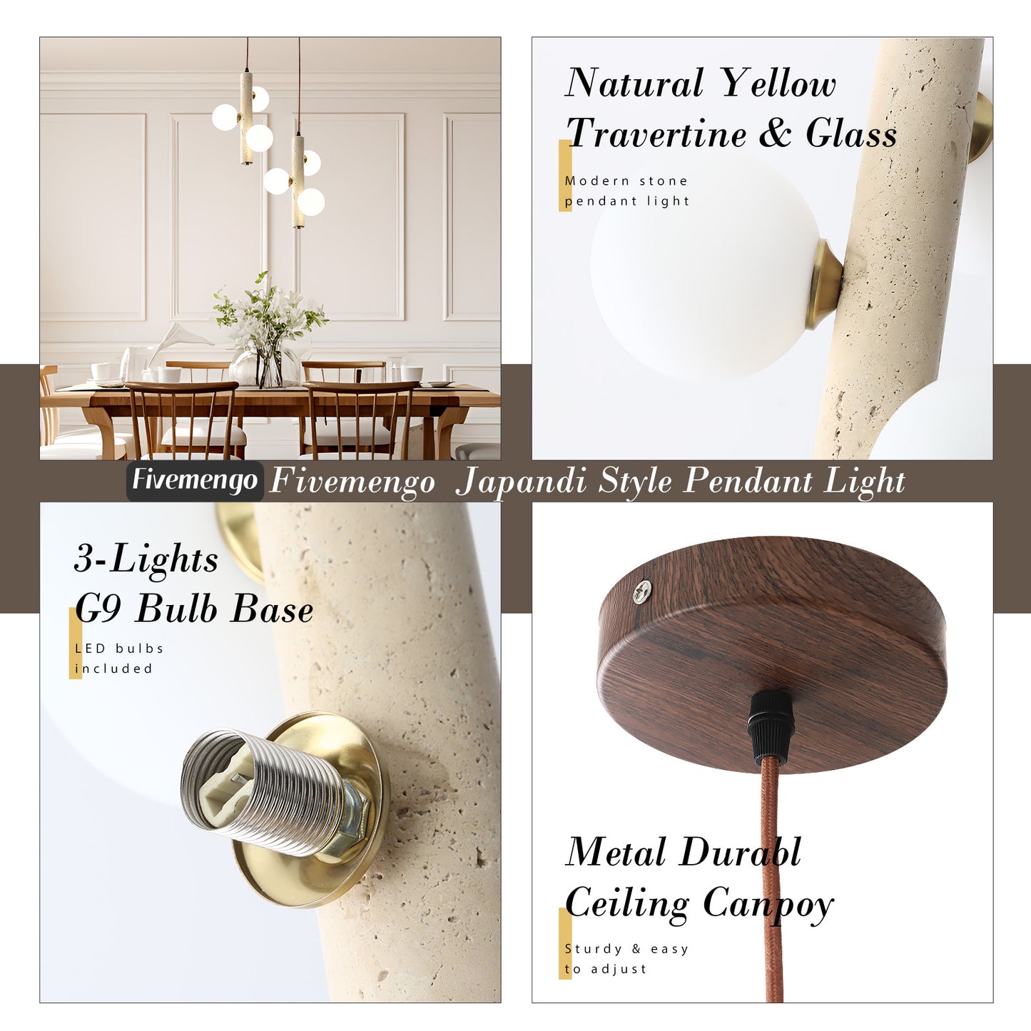 Fivemengo 3 Pack Wabi Sabi Pendant Light, 3-Lights 9.48in Natural Travertine Stone & Glass Lampshade, Japandi Nordic Pendant Lighting Fixture for Kitchen Island Dining Room Bedroom (Bulb Included)