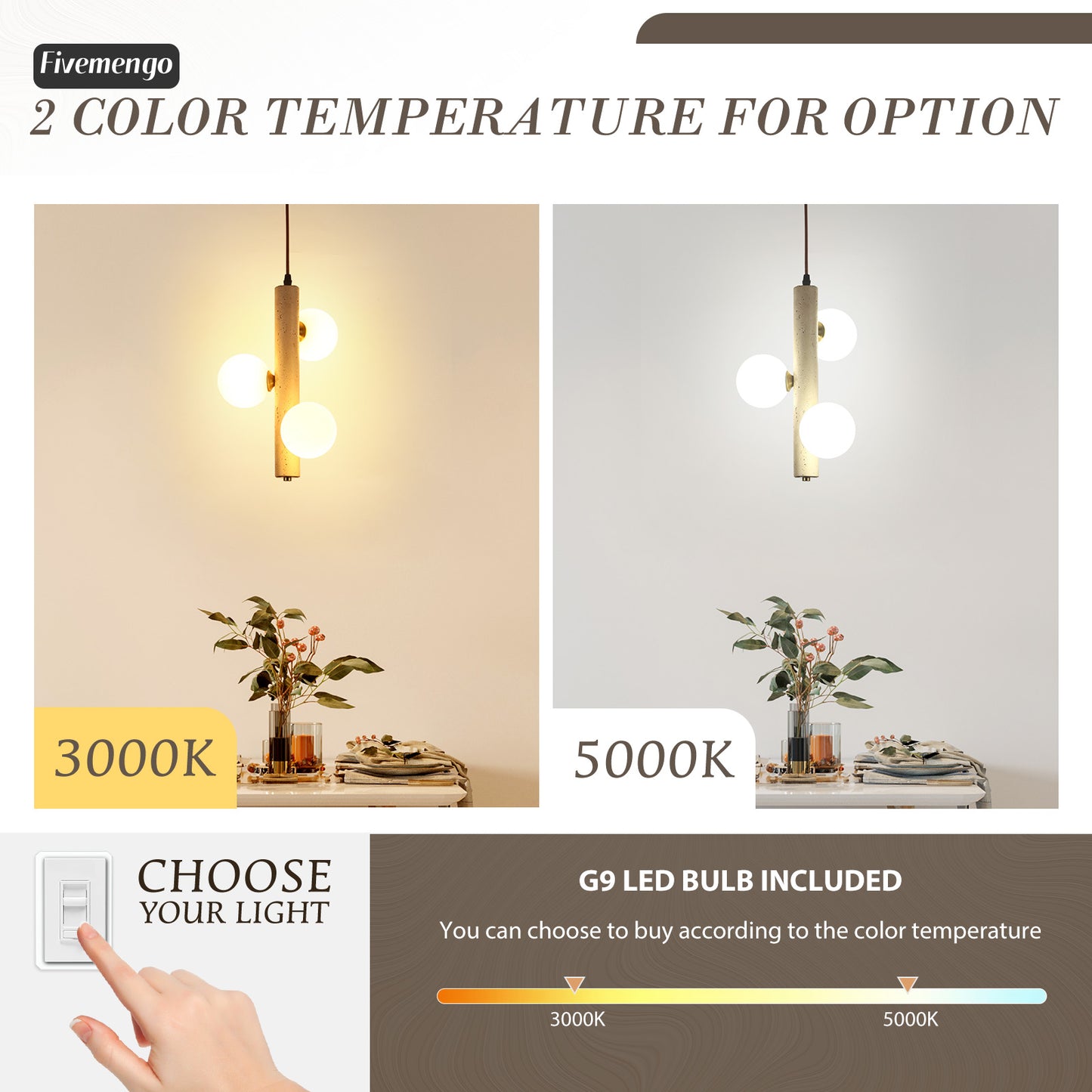 Fivemengo 1 Pack Wabi Sabi Pendant Light, 3-Lights 9.48in Natural Travertine Stone & Glass Lampshade, Japandi Nordic Pendant Lighting Fixture for Kitchen Island Dining Room Bedroom (Bulb Included)