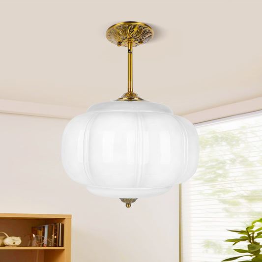 Pandaluna 15in White Milk Glass Ceiling Light Fixture, LED Bulb Included, Vintage Semi Flush Mount Pendant Light Antique Brass Mid Century Art Deco Chandelier for Kitchen Dining Room Hallway Bedroom