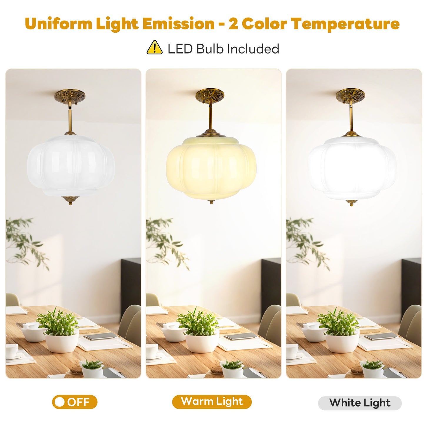 Pandaluna 15in White Milk Glass Ceiling Light Fixture, LED Bulb Included, Vintage Semi Flush Mount Pendant Light Antique Brass Mid Century Art Deco Chandelier for Kitchen Dining Room Hallway Bedroom