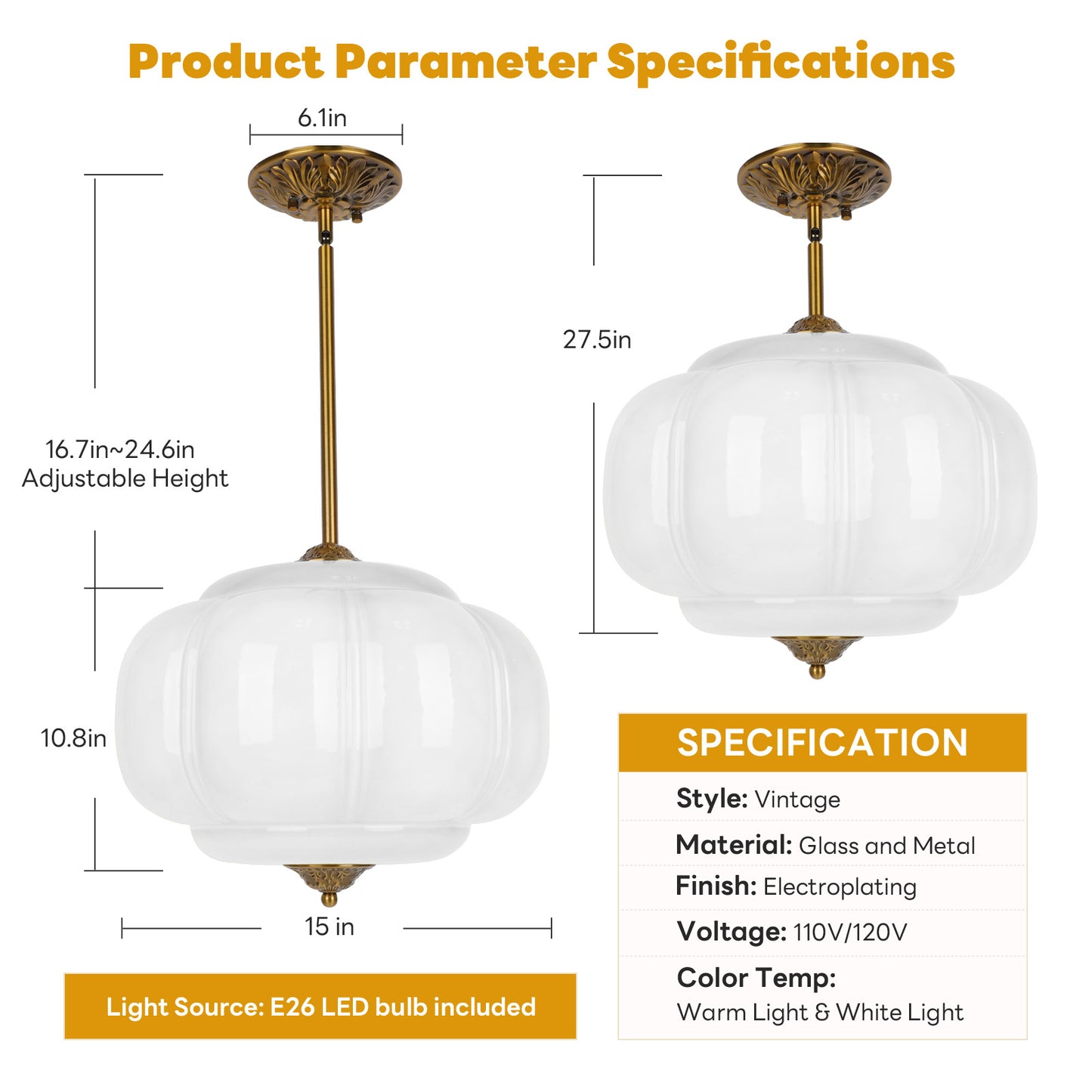 Pandaluna 15in White Milk Glass Ceiling Light Fixture, LED Bulb Included, Vintage Semi Flush Mount Pendant Light Antique Brass Mid Century Art Deco Chandelier for Kitchen Dining Room Hallway Bedroom