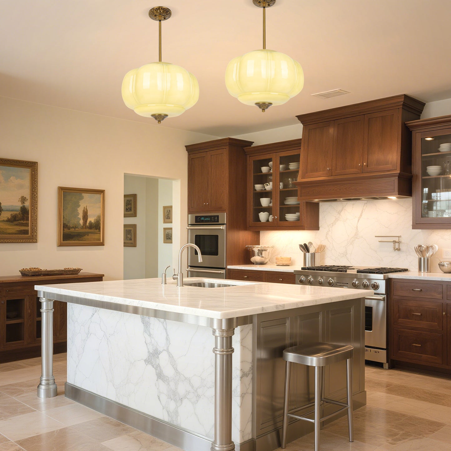 Pandaluna 15in White Milk Glass Ceiling Light Fixture, LED Bulb Included, Vintage Semi Flush Mount Pendant Light Antique Brass Mid Century Art Deco Chandelier for Kitchen Dining Room Hallway Bedroom