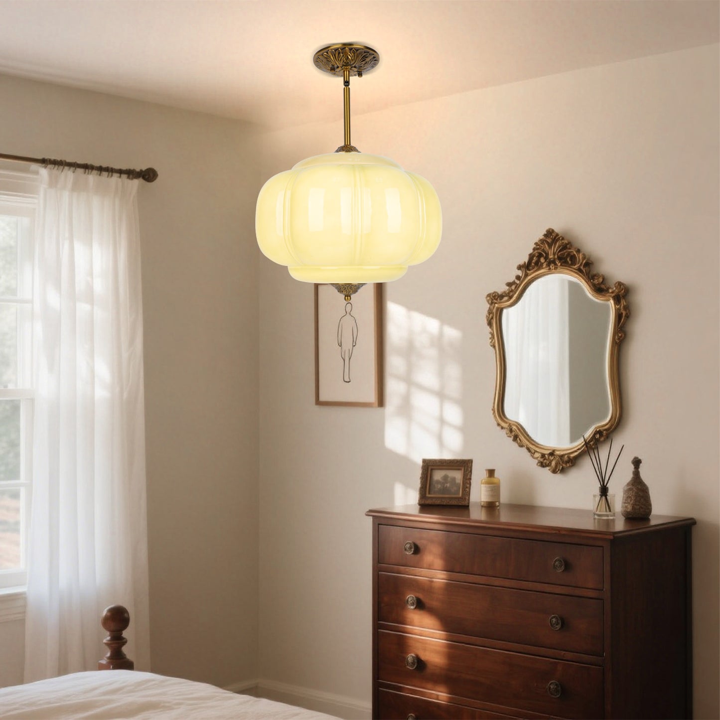 Pandaluna 15in White Milk Glass Ceiling Light Fixture, LED Bulb Included, Vintage Semi Flush Mount Pendant Light Antique Brass Mid Century Art Deco Chandelier for Kitchen Dining Room Hallway Bedroom