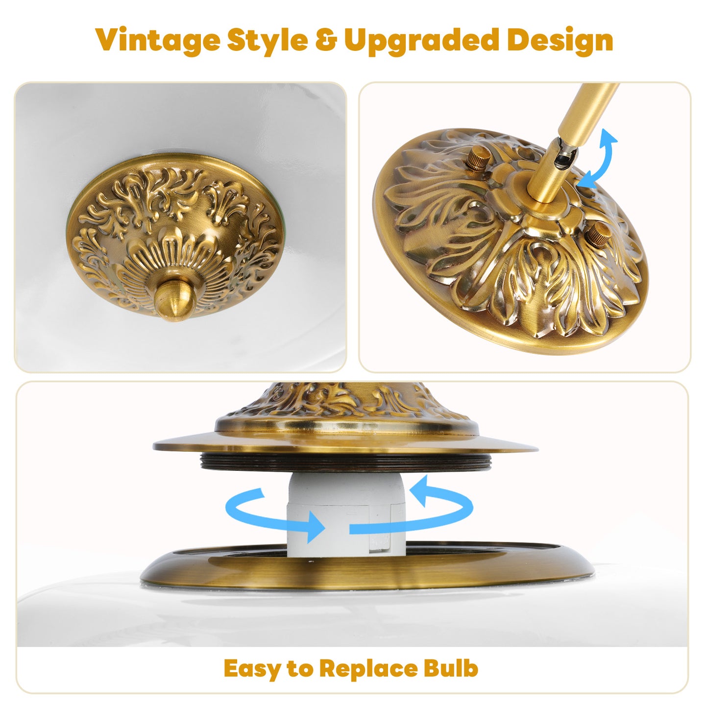 Pandaluna 15in White Milk Glass Ceiling Light Fixture, LED Bulb Included, Vintage Semi Flush Mount Pendant Light Antique Brass Mid Century Art Deco Chandelier for Kitchen Dining Room Hallway Bedroom