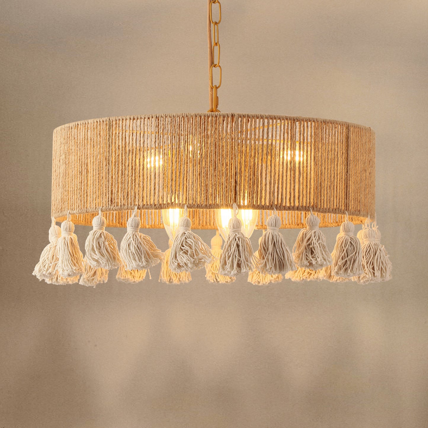 Fivemengo Rattan Chandelier 20in 6-Lights Rattan Pendant Light, Boho Hand-Woven Hemp Rope & Cotton Beards, Hanging Light Fixture Living Dining Room Over Kitchen
