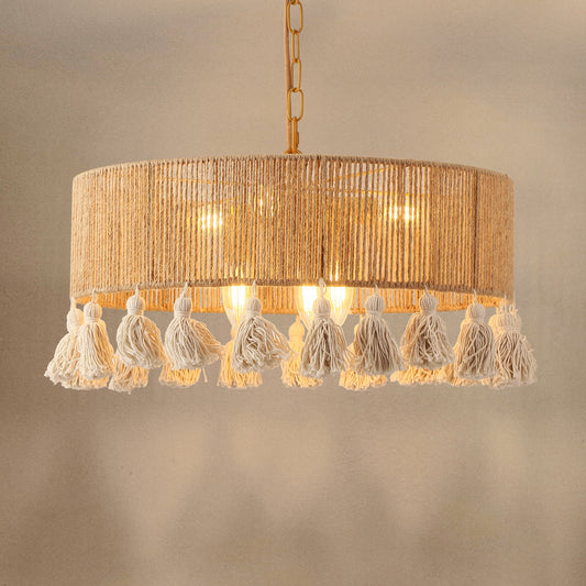 Fivemengo Rattan Chandelier 20in 6-Lights Rattan Pendant Light, Boho Hand-Woven Hemp Rope & Cotton Beards, Hanging Light Fixture Living Dining Room Over Kitchen