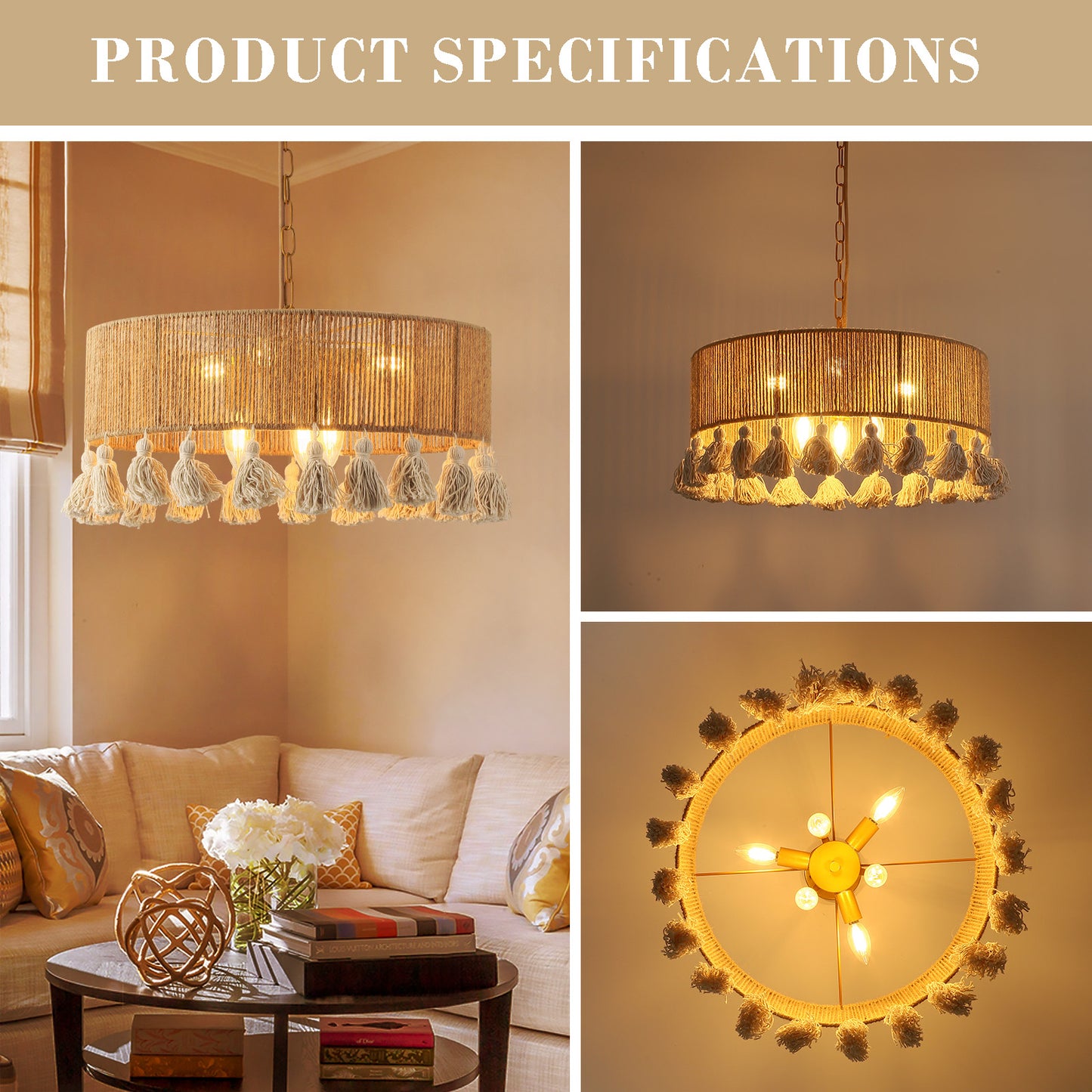 Fivemengo Rattan Chandelier 20in 6-Lights Rattan Pendant Light, Boho Hand-Woven Hemp Rope & Cotton Beards, Hanging Light Fixture Living Dining Room Over Kitchen