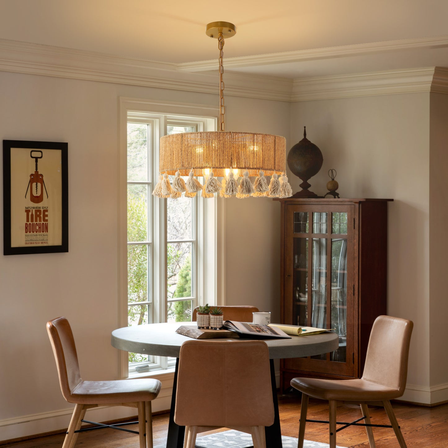 Fivemengo Rattan Chandelier 20in 6-Lights Rattan Pendant Light, Boho Hand-Woven Hemp Rope & Cotton Beards, Hanging Light Fixture Living Dining Room Over Kitchen