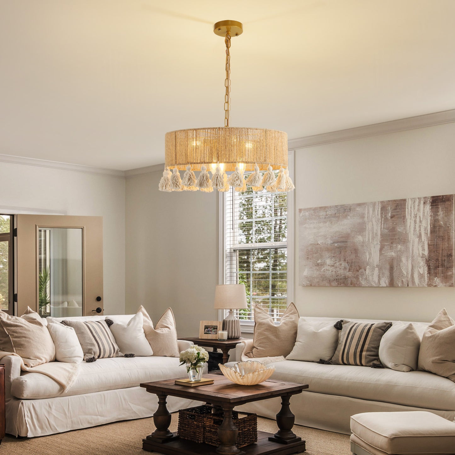 Fivemengo Rattan Chandelier 20in 6-Lights Rattan Pendant Light, Boho Hand-Woven Hemp Rope & Cotton Beards, Hanging Light Fixture Living Dining Room Over Kitchen