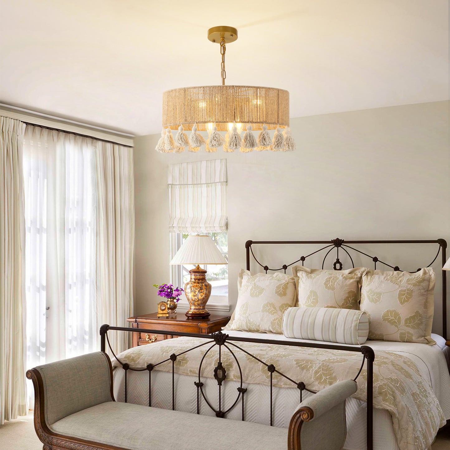 Fivemengo Rattan Chandelier 20in 6-Lights Rattan Pendant Light, Boho Hand-Woven Hemp Rope & Cotton Beards, Hanging Light Fixture Living Dining Room Over Kitchen