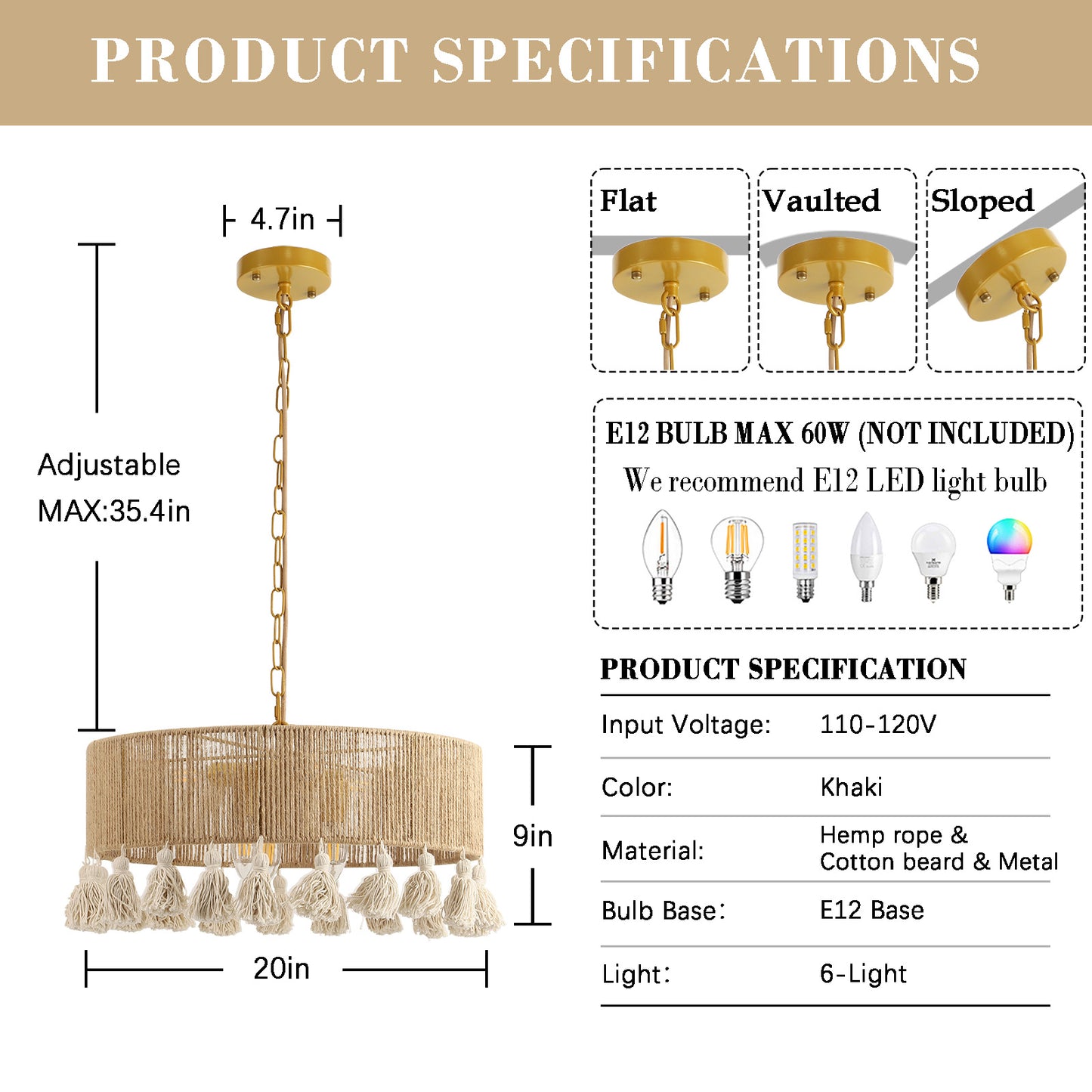 Fivemengo Rattan Chandelier 20in 6-Lights Rattan Pendant Light, Boho Hand-Woven Hemp Rope & Cotton Beards, Hanging Light Fixture Living Dining Room Over Kitchen