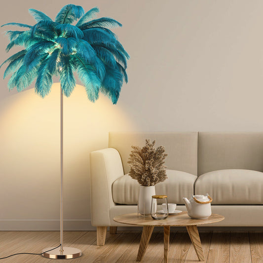 Fivemengo Feather Floor Lamp for Living Room, Fluffy Ostrich Feathers Lamp, Rose Gold Color Body, 3 Color Temperatures Modern Funky Arc Tall Standing Lamp for Bedroom Inclued Bright LED Bulbs (Blue)