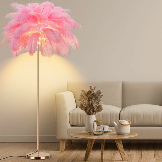 Fivemengo eather Floor Lamp for Living Room, Fluffy Ostrich Feathers Lamp, Rose Gold Color Body, 3 Color Temperatures Modern Funky Arc Tall Standing Lamp for Bedroom Inclued Bright LED Bulbs (Pink)