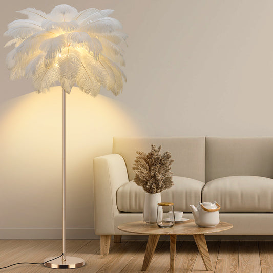 Fivemengo Feather Floor Lamp for Living Room, Fluffy Ostrich Feathers Lamp, Rose Gold Color Body, 3 Color Temperatures Modern Funky Arc Tall Standing Lamp for Bedroom Inclued Bright LED Bulbs (White)