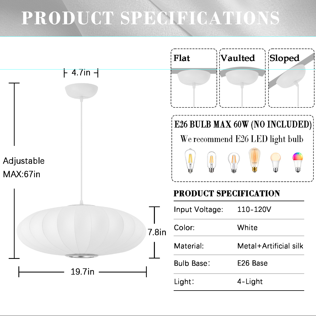 Fivemengo 20 Inch Lantern Pendant Light, Imitation Silk Lampshade, White Bubble Pendant Light, Large Hanging Lamp Simple Chandelier for Living Dinning Room Kitchen Island Bedroom Restaurant Cafe